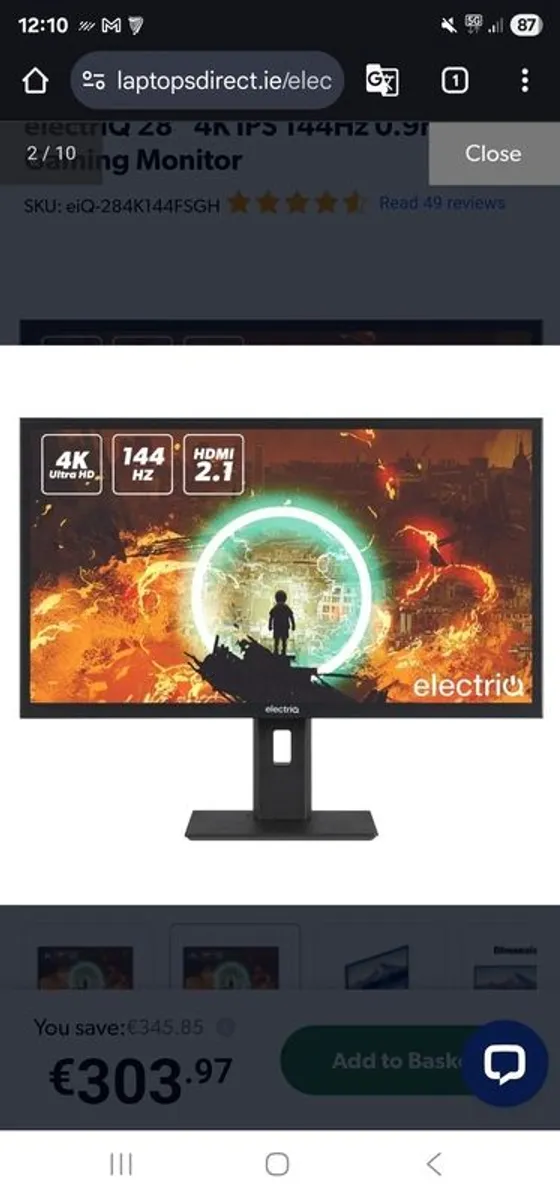 electriQ 28" IPS 4K UHD 144Hz 0.9ms Gaming Monitor - Image 1