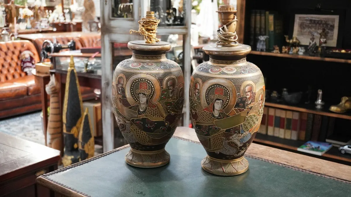 Pair of Large Japanese Satsuma Vases Converted - Image 1