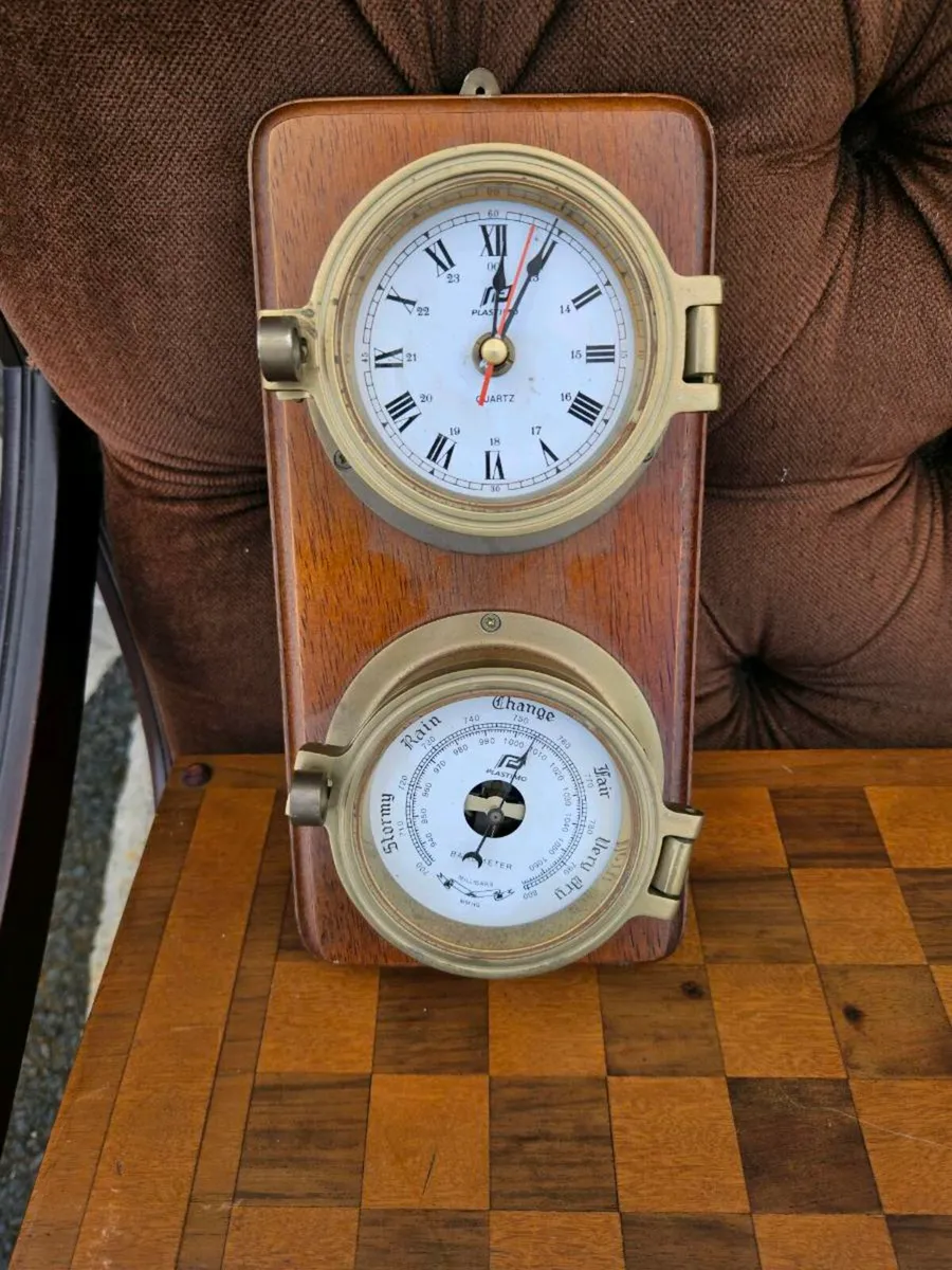 Mounted Brass Clock Barometer - Image 2