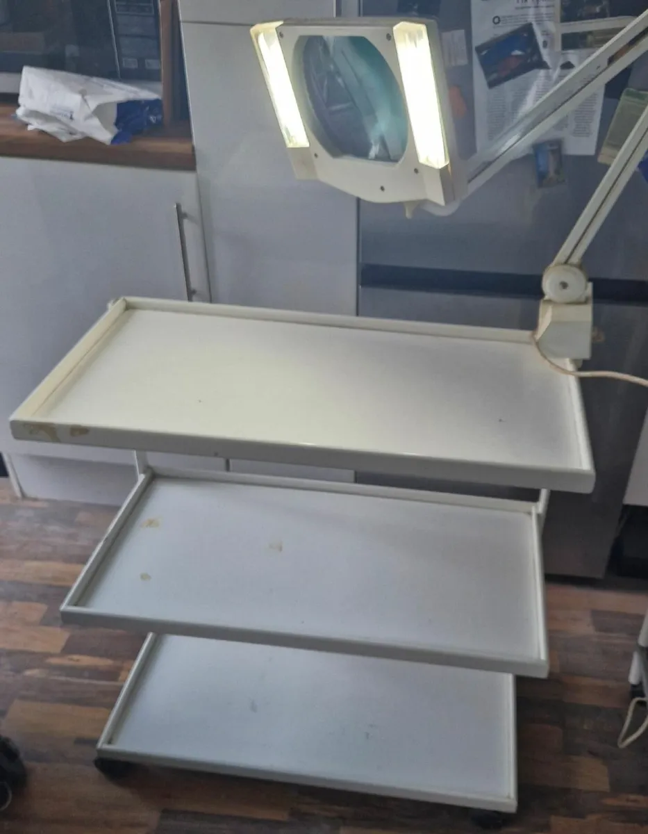 Sturdy trolley on wheels with magnifying lamp