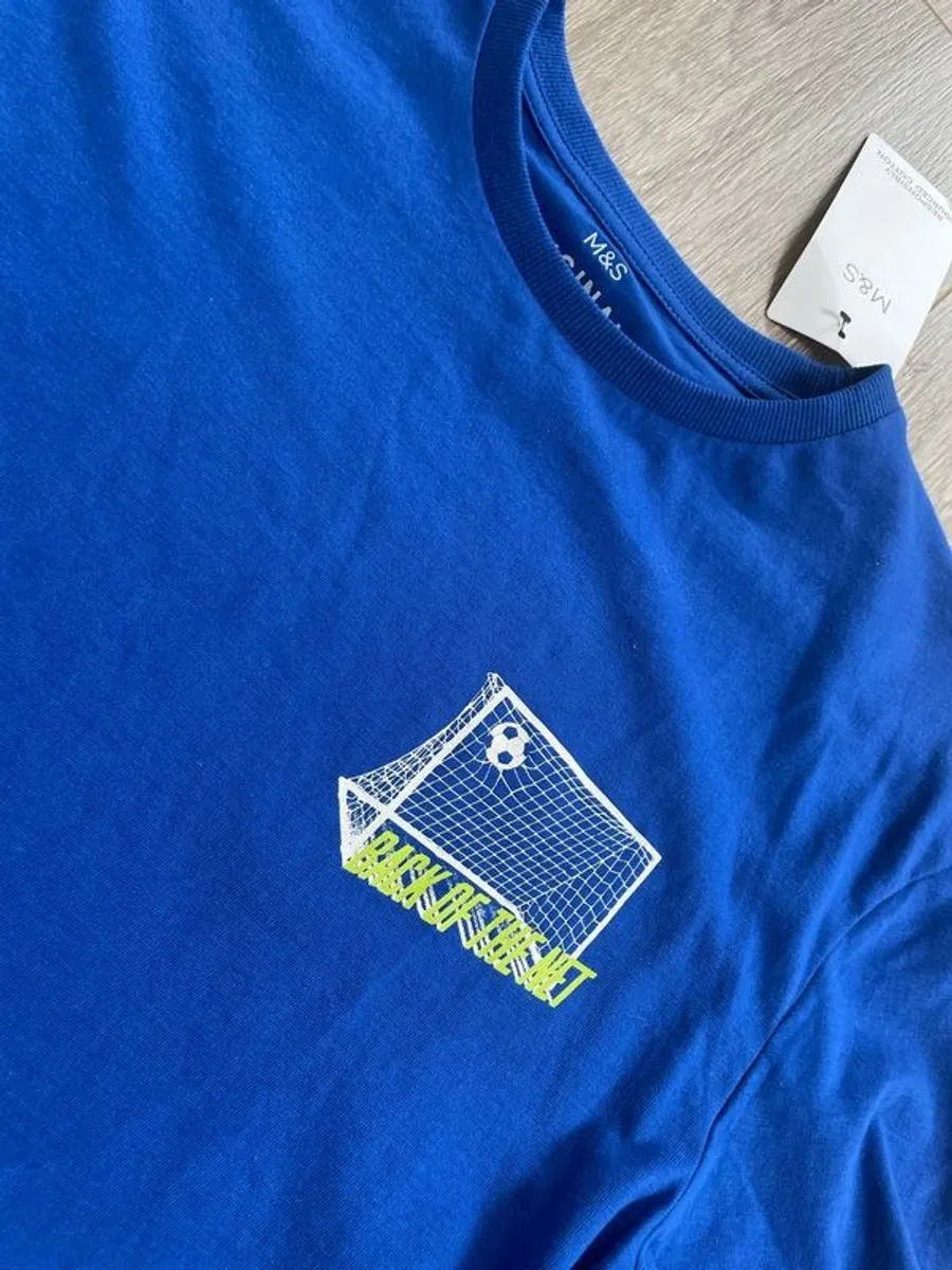 BRAND NEW WITH TAGS M&S Blue Back of the Net Football T-shirt: 12-13yrs - Image 1