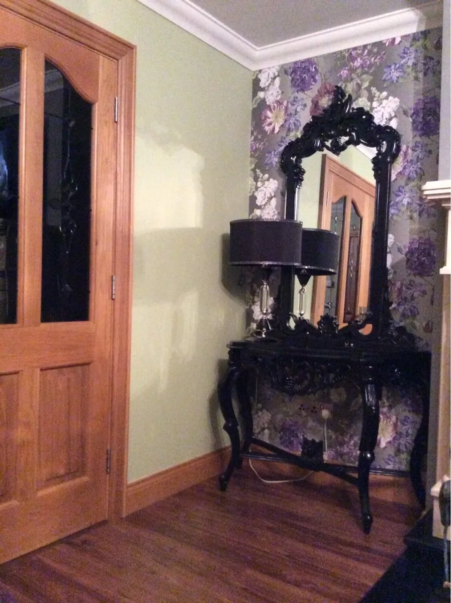 Two Vintage Black Ornate Console Tables & Mirrors
