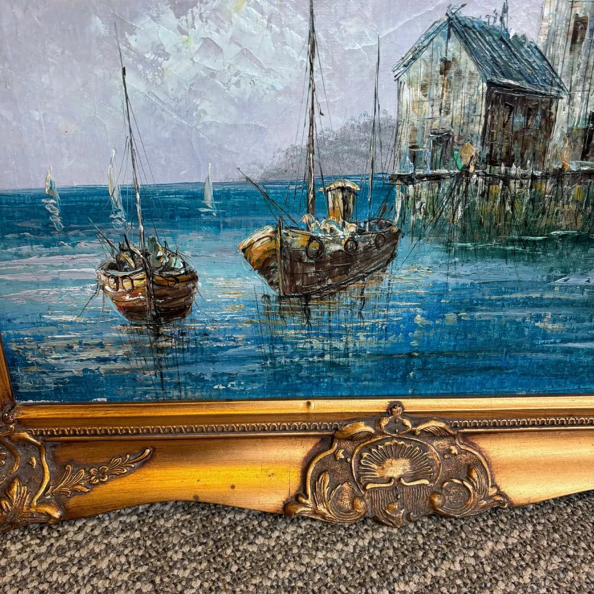 “Ships by the harbour” oil on canvas, F.M. BENNETT - Image 3