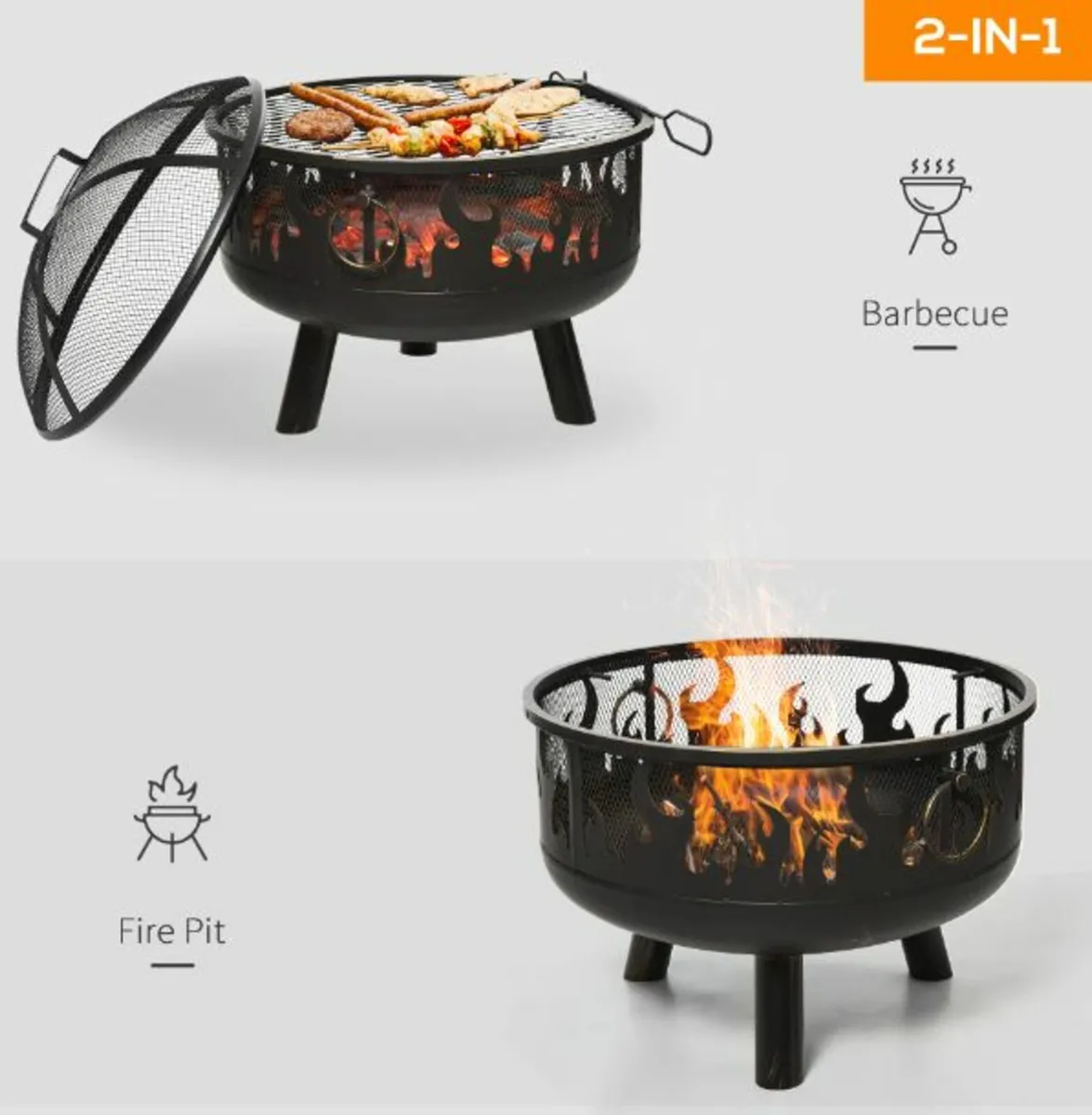 Outdoor 2-In-1Round Fire Pit with Lid,Grill,Poker - Image 4