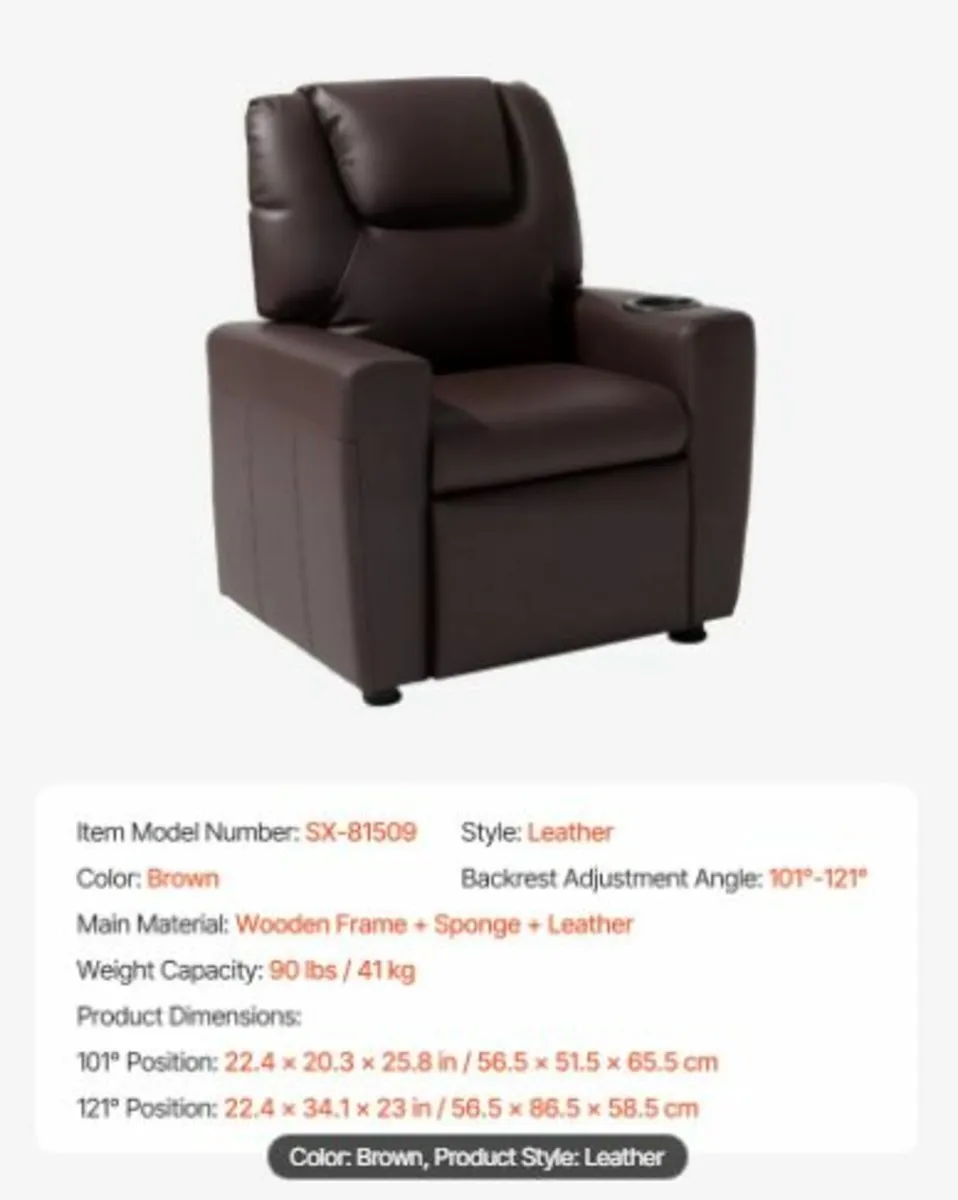 Kids Reclining Chair PU Leather Toddler (Brown) - Image 1