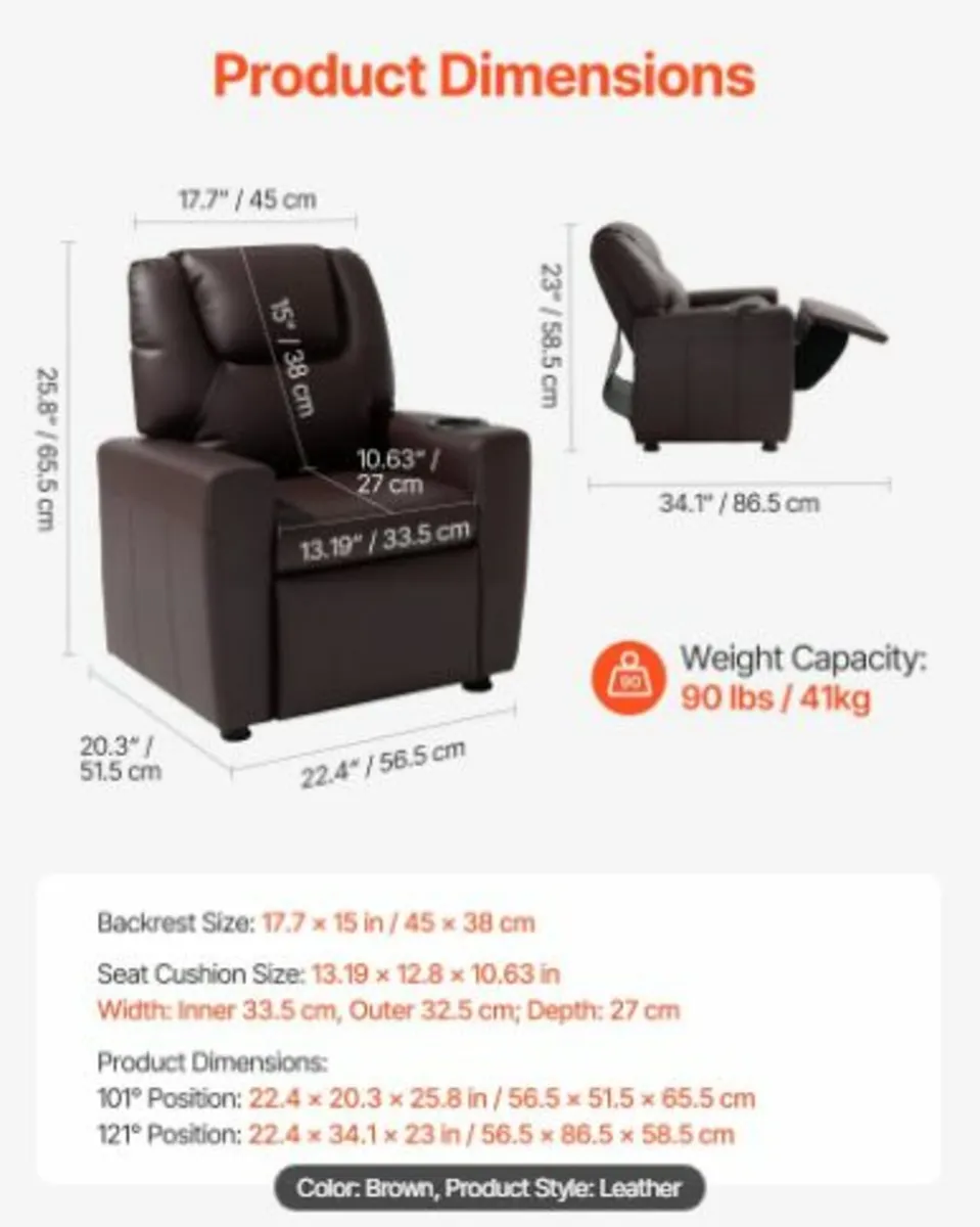 Kids Reclining Chair PU Leather Toddler (Brown) - Image 2