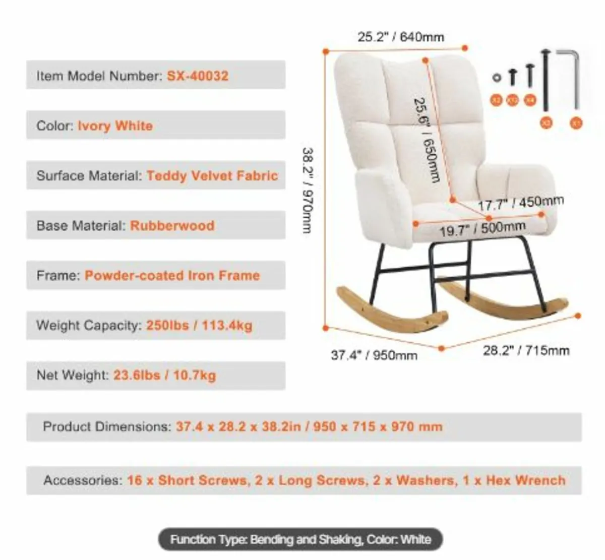 Nursery Rocking Chair, 250 lbs Weight Capacity - Image 4