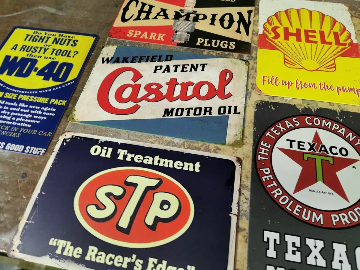 Metal garage signs. Original Oil Paintings. - Image 1