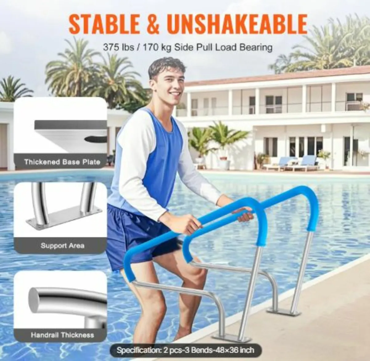 Pool Handrail 2 PCS 48x36in Stainless Steel - Image 2