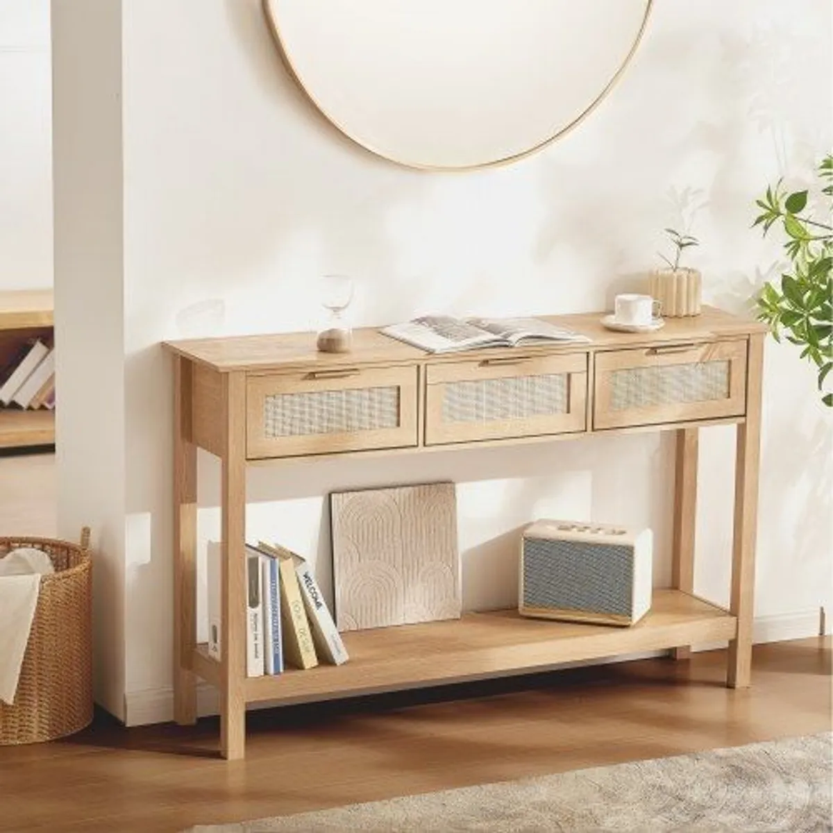 Console Table with 3 Storage Drawers Rattan Sliding Door Natural - Image 2