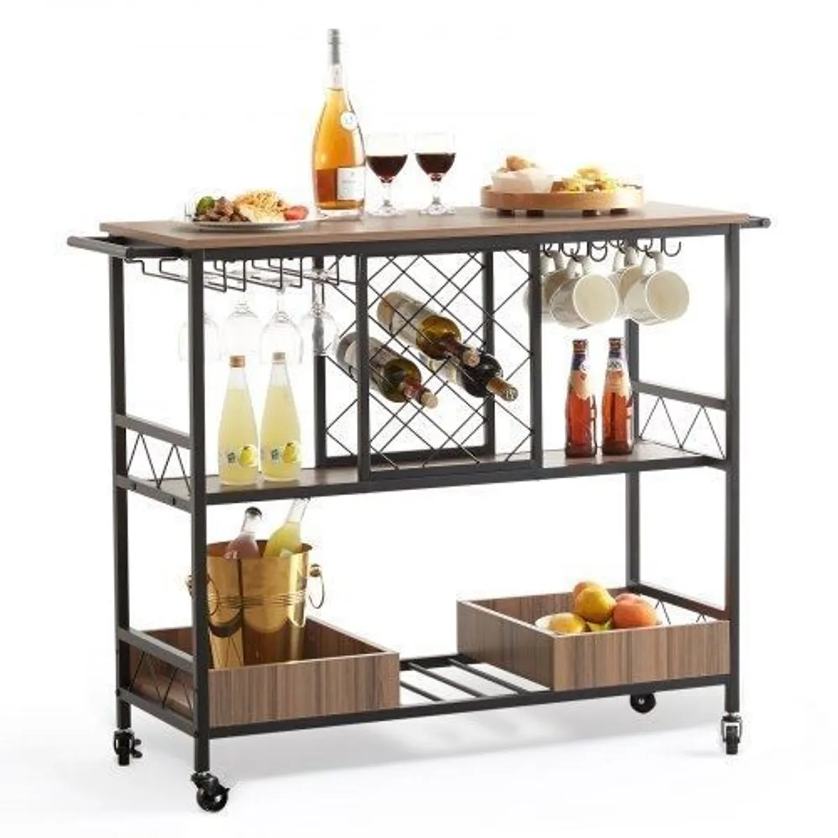 3-Tier Bar Serving Cart Rolling Trolley with Wine Grid Glass Holder 300LBS - Image 1