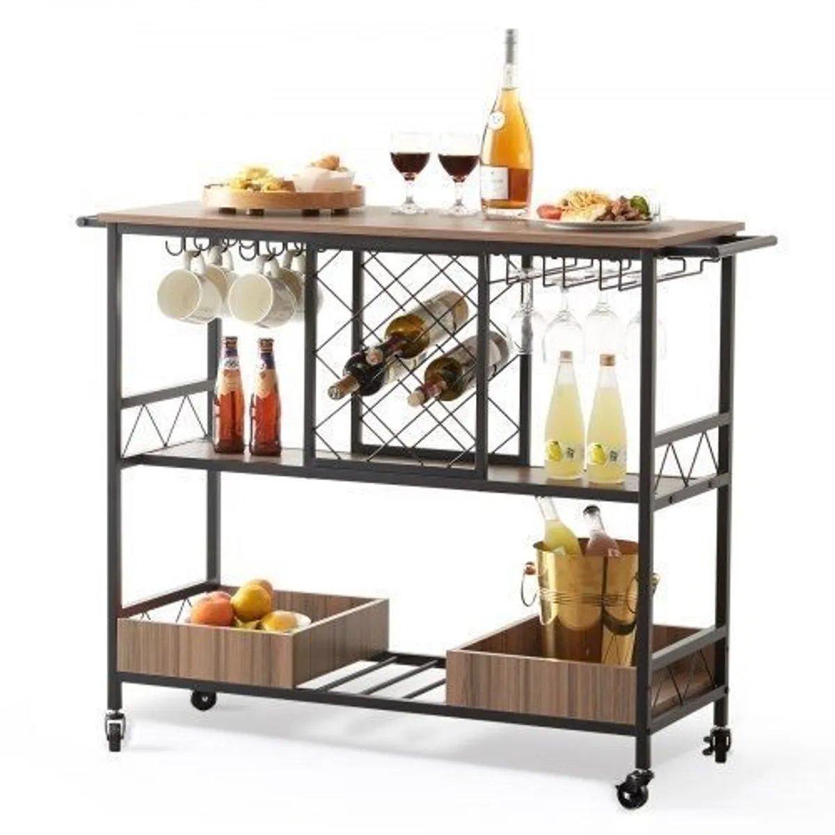 3-Tier Bar Serving Cart Rolling Trolley with Wine Grid Glass Holder 300LBS - Image 2