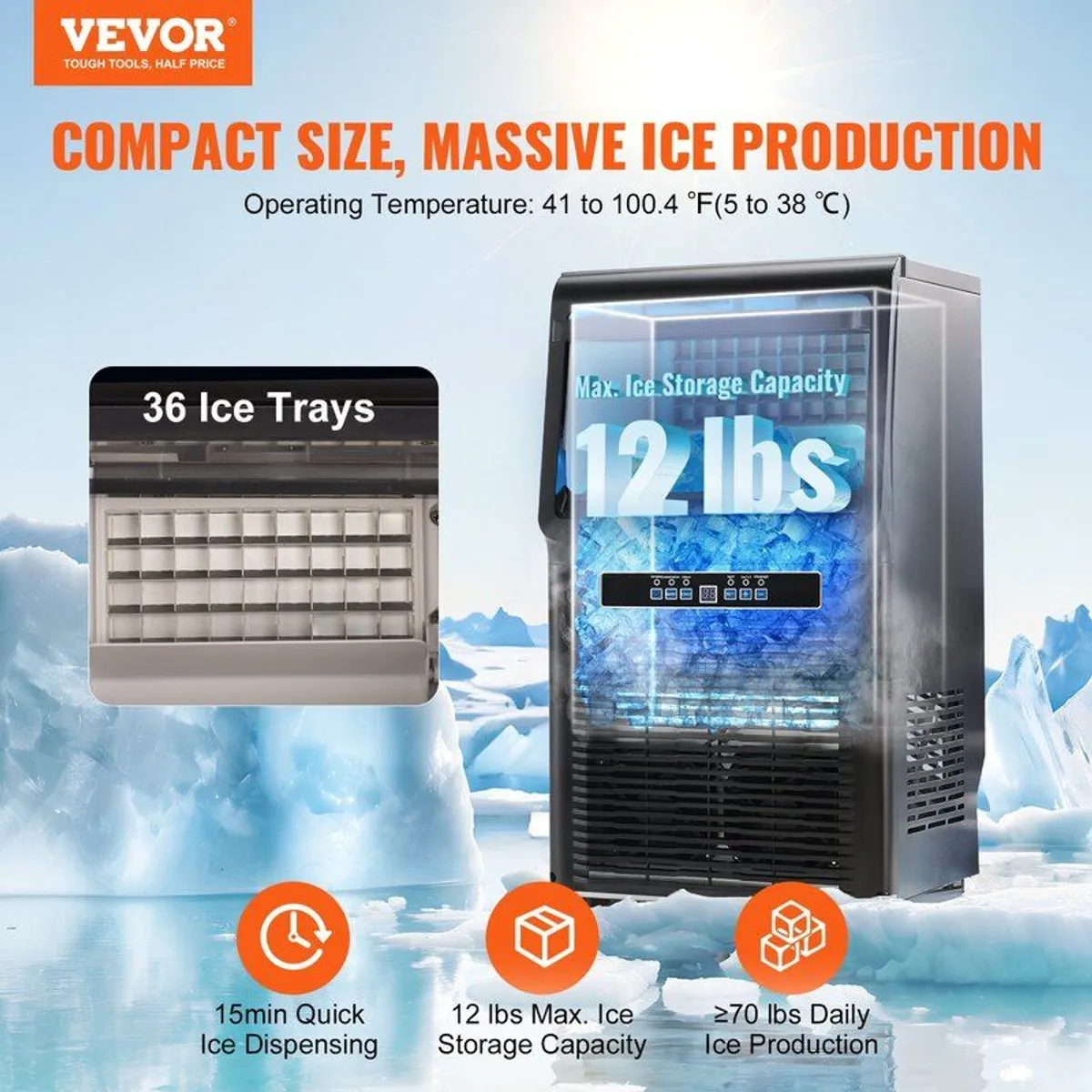 Commercial Ice Maker Freestanding Cabinet Machine 70lbs/24H 36 Ice Cubes - Image 2