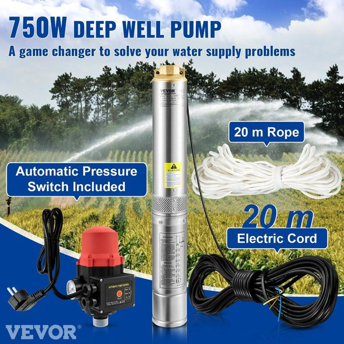 Deep Well Submersible Pump, 750W 230V/50Hz, 105L/min 62 m Head - Image 2