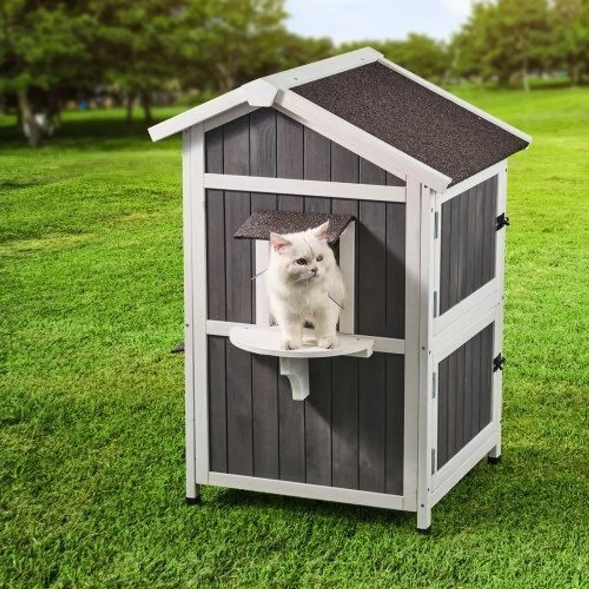 Outdoor Cat House 2-story Wooden Feral Cat Shelter with Roof & Door Flaps - Image 1