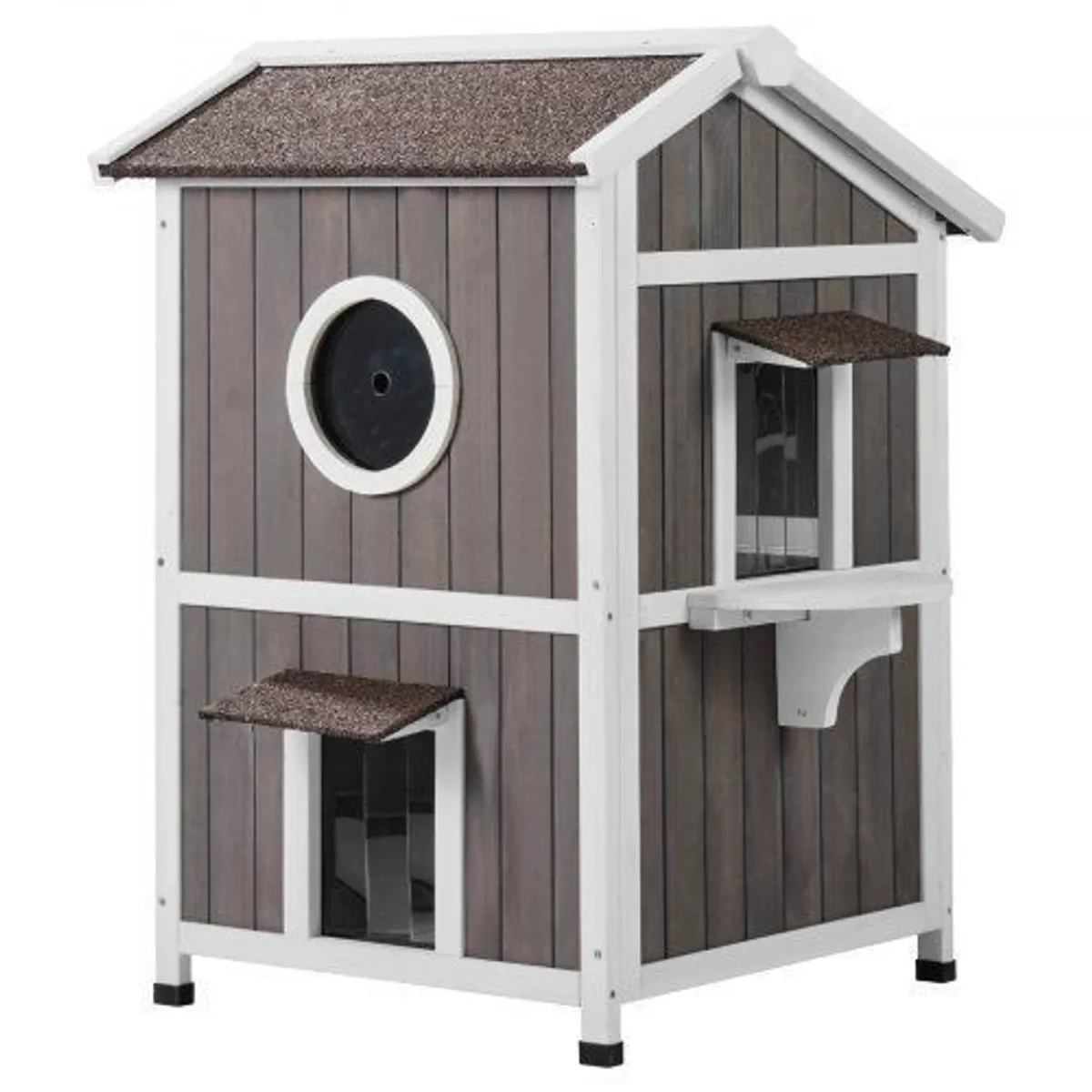 Outdoor Cat House 2-story Wooden Feral Cat Shelter with Roof & Door Flaps - Image 2