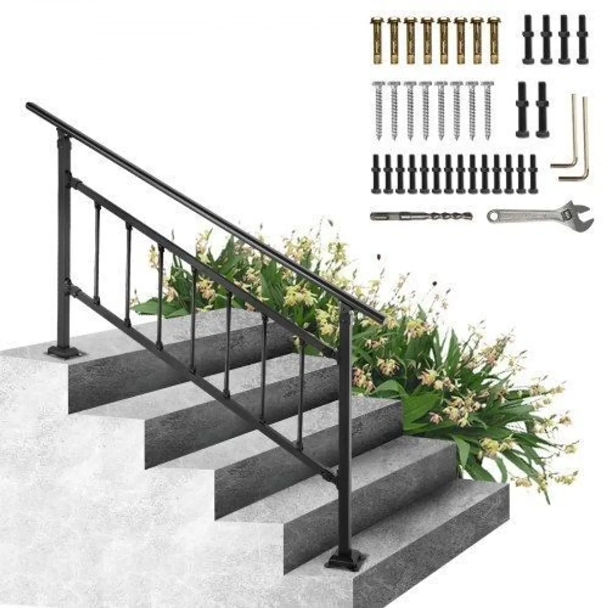 Outdoor Stair Railing, Fits for 1-4 Steps Transitional Wrought Iron Handrail, Adjustable Exterior Stair Railing - Image 2