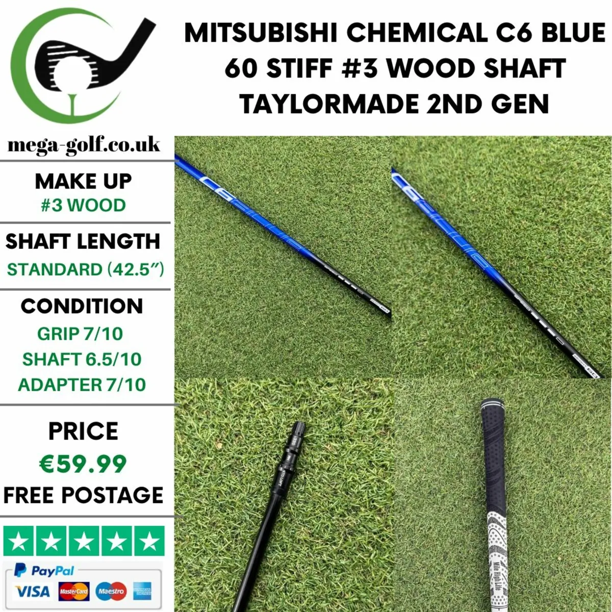 MITSUBISHI CHEMICAL C6 BLUE 60 STIFF #3 WOOD SHAFT - Image 1
