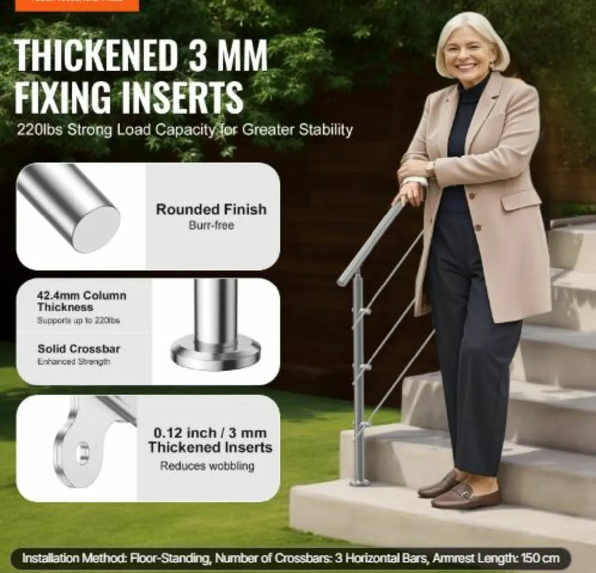 149.9 cm Handrails for Outdoor Steps 3 Crossbars - Image 2