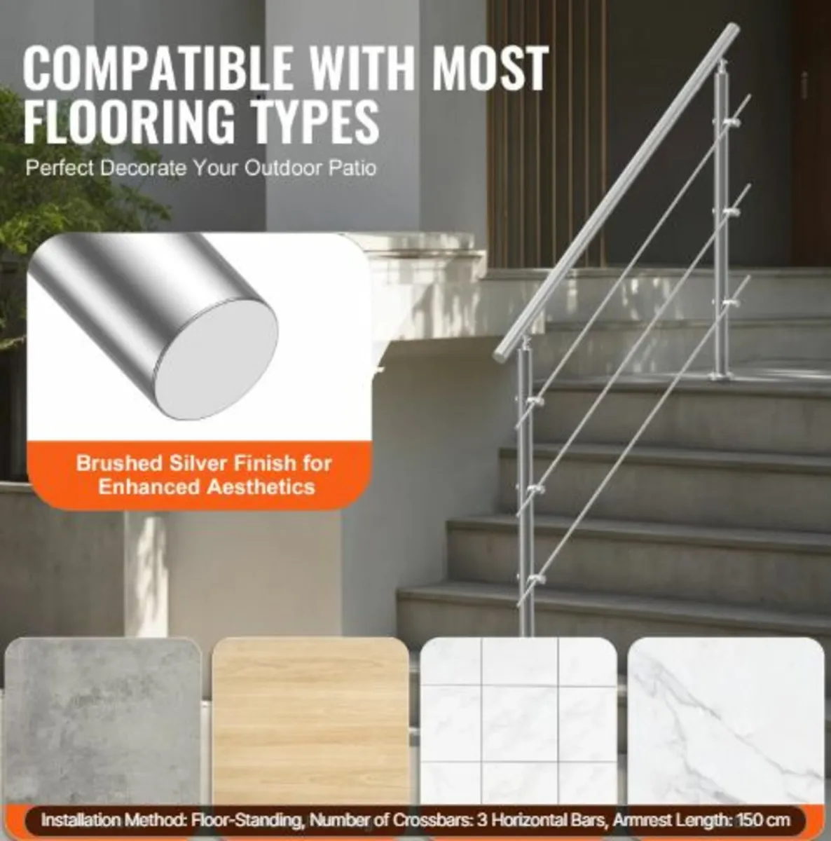 149.9 cm Handrails for Outdoor Steps 3 Crossbars - Image 3