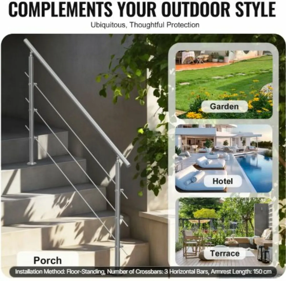 149.9 cm Handrails for Outdoor Steps 3 Crossbars - Image 4