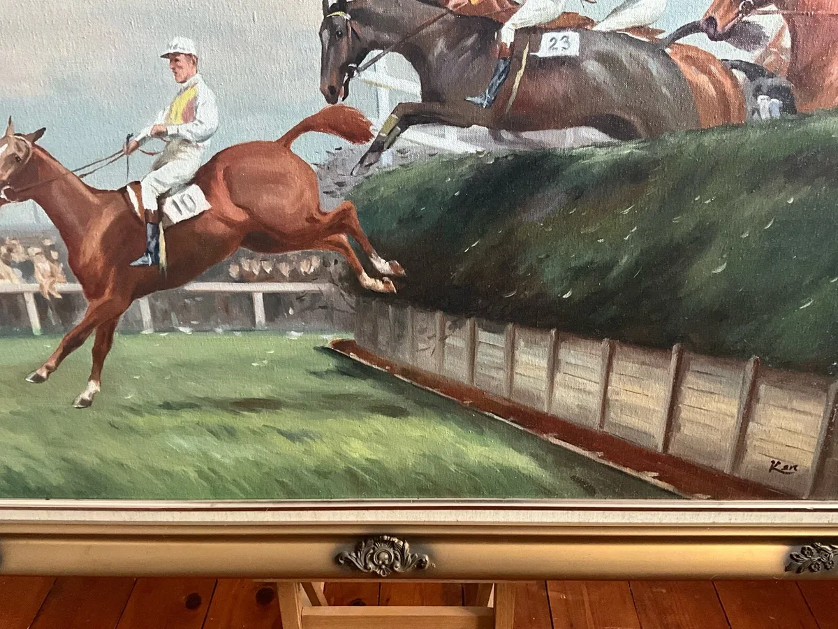 Large Horse Racing Painting. Signed - Image 4