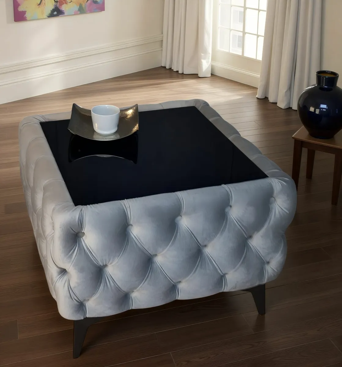 Chesterfield Velvet Square Coffee Table with Glass - Image 1