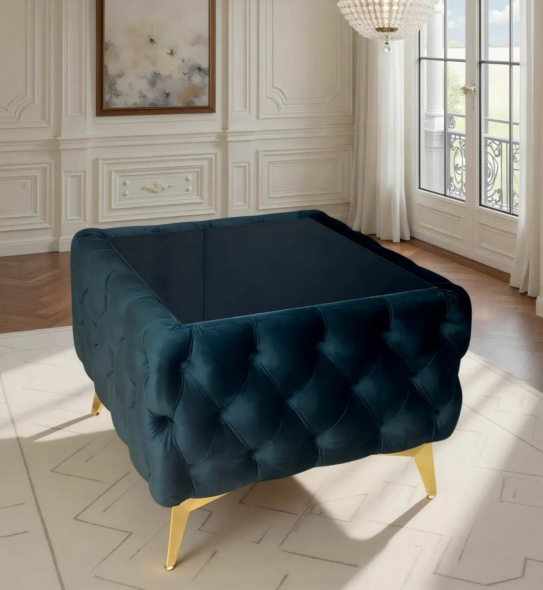 Chesterfield Velvet Square Coffee Table with Glass - Image 2