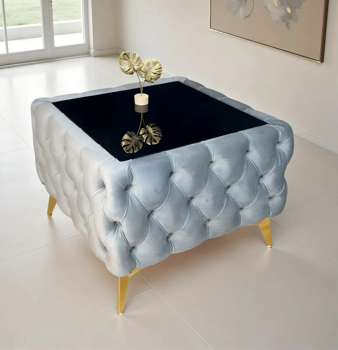 Chesterfield Velvet Square Coffee Table with Glass - Image 3