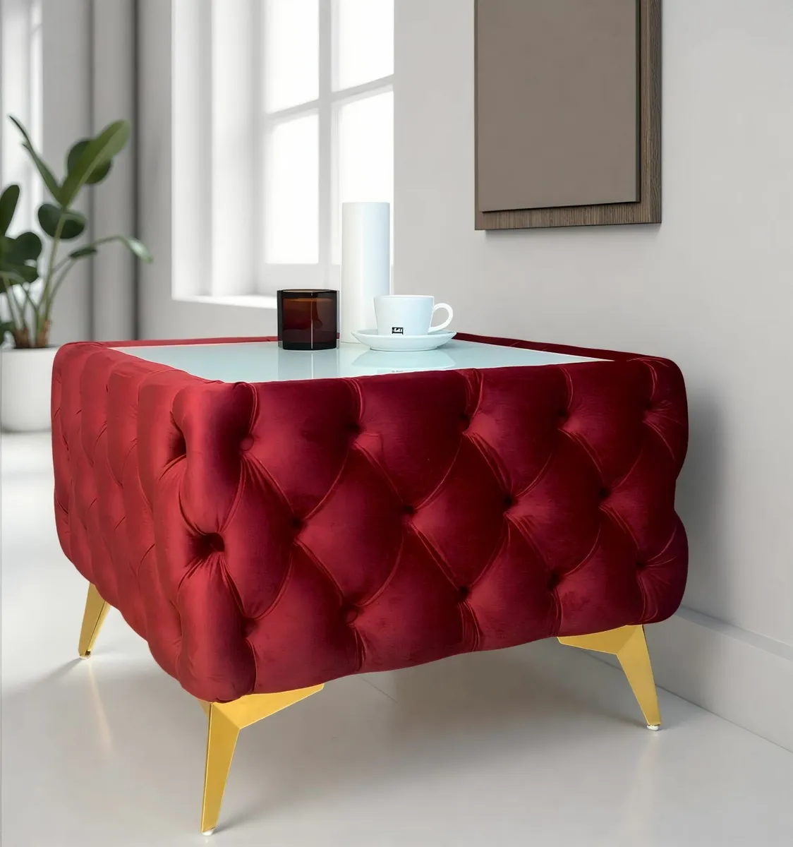 Chesterfield Velvet Square Coffee Table with Glass - Image 4