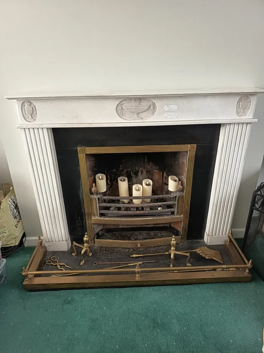 Adam-Style Marble Fireplace with Brass Fender...