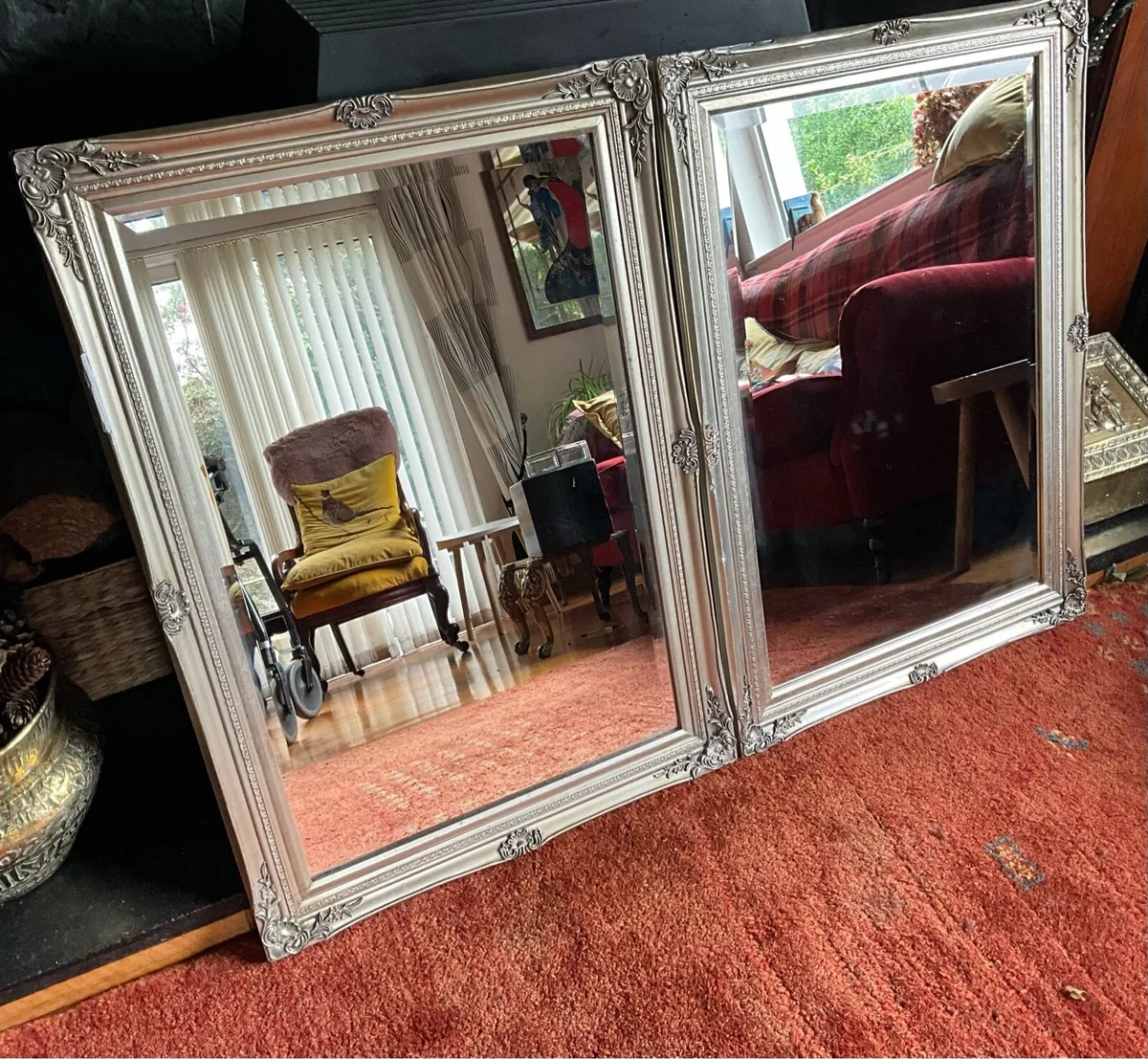 Large Pair of Ornate Silver Framed Mirrors - Image 1