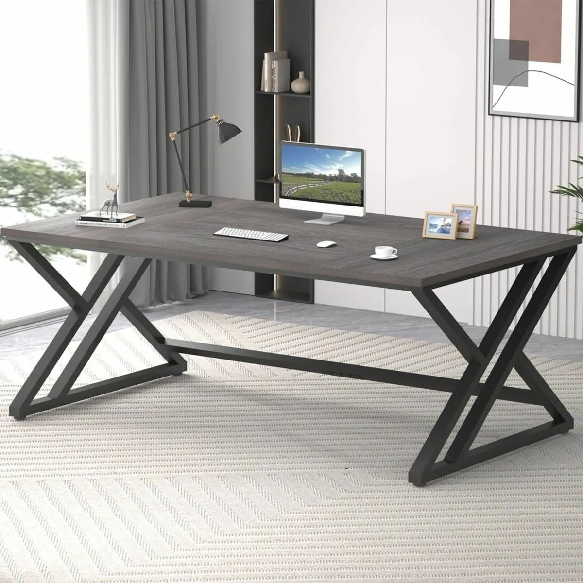 Computer Large Wood Metal Office Des Gray, 180cm - Image 1