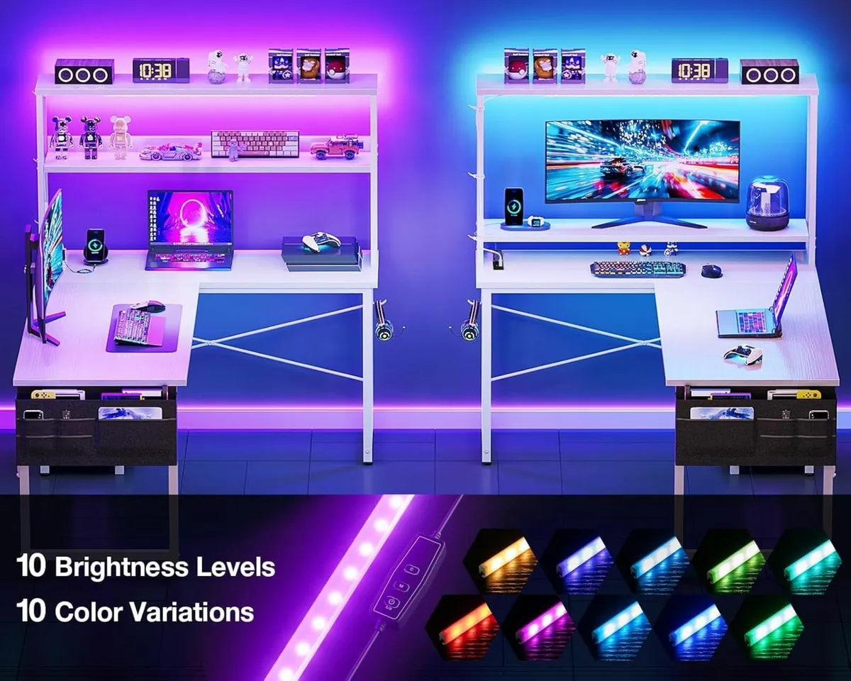 L Shaped Gaming Desk LED Outlet 115×80 cm White - Image 3