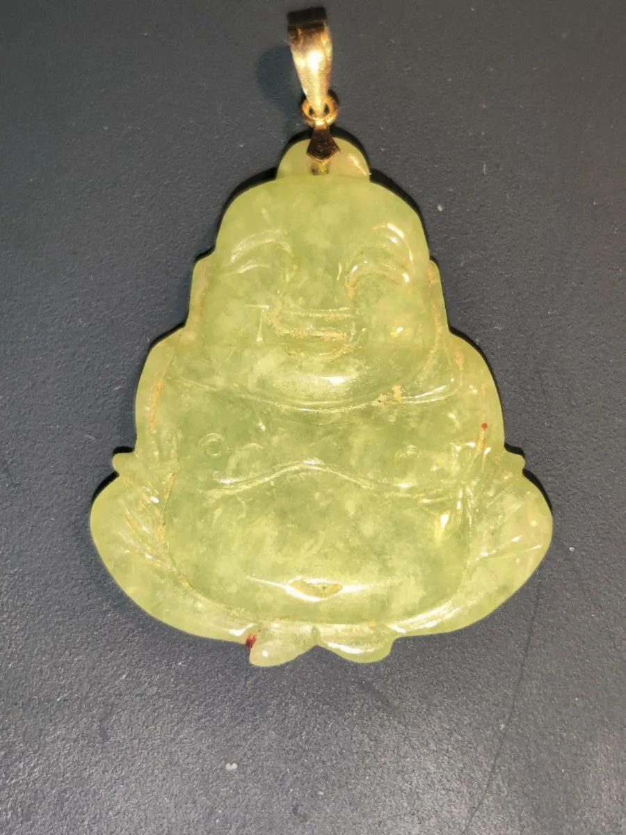 REAL GREEN JADE BUDDHA, 14CT Gold Unisex Pendant ! - Image 1