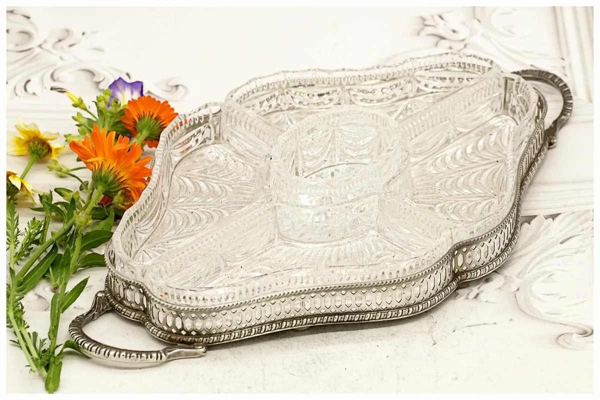 Sheffield Silver Plated Tray Crystal Serving DIsh - Image 1
