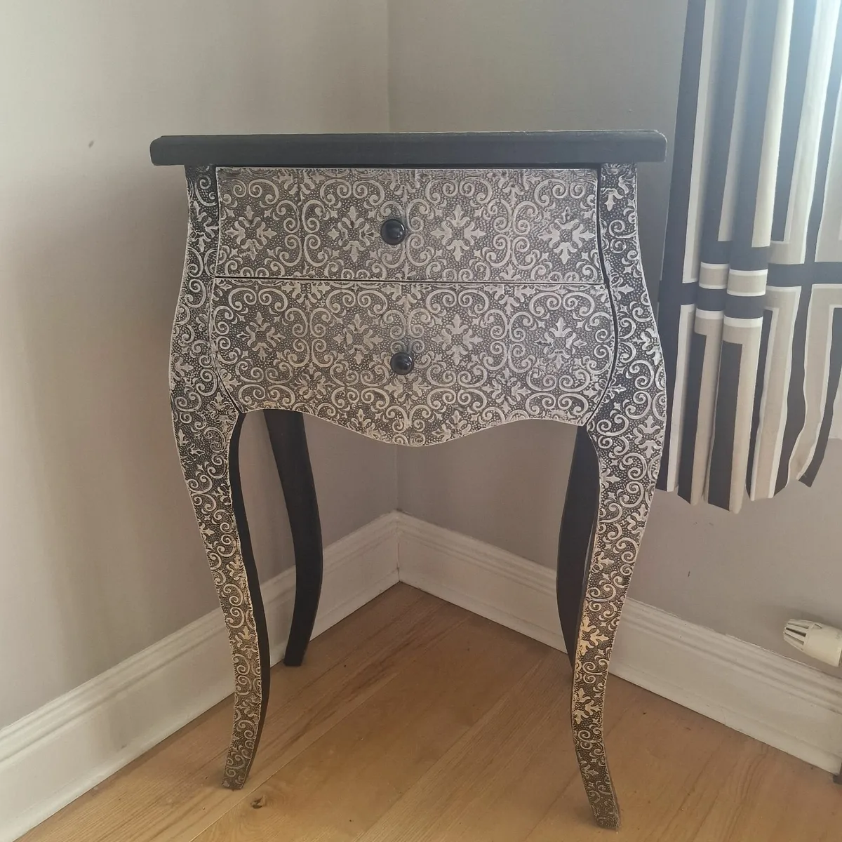Pair of bedside tables- black/silver embossed