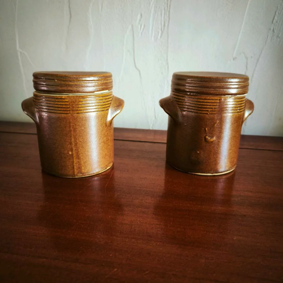 Duo of rustic French earthenware canisters/jars - Image 1