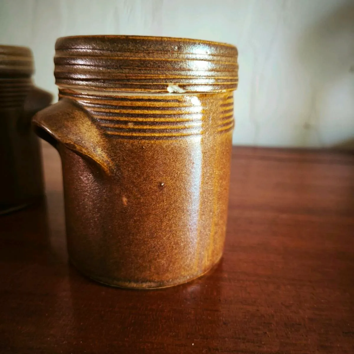 Duo of rustic French earthenware canisters/jars - Image 2