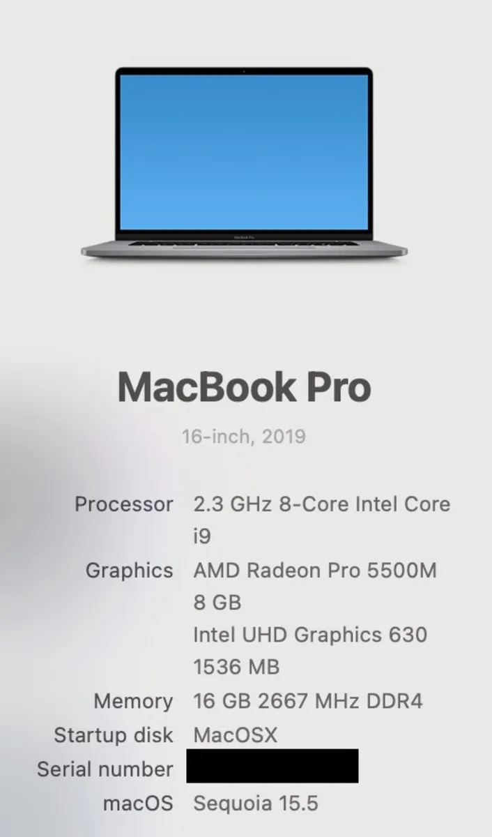 2019 16" Macbook Pro i9 2.3 Ghz  16Gb 1 TB 8GB Vid - Image 2