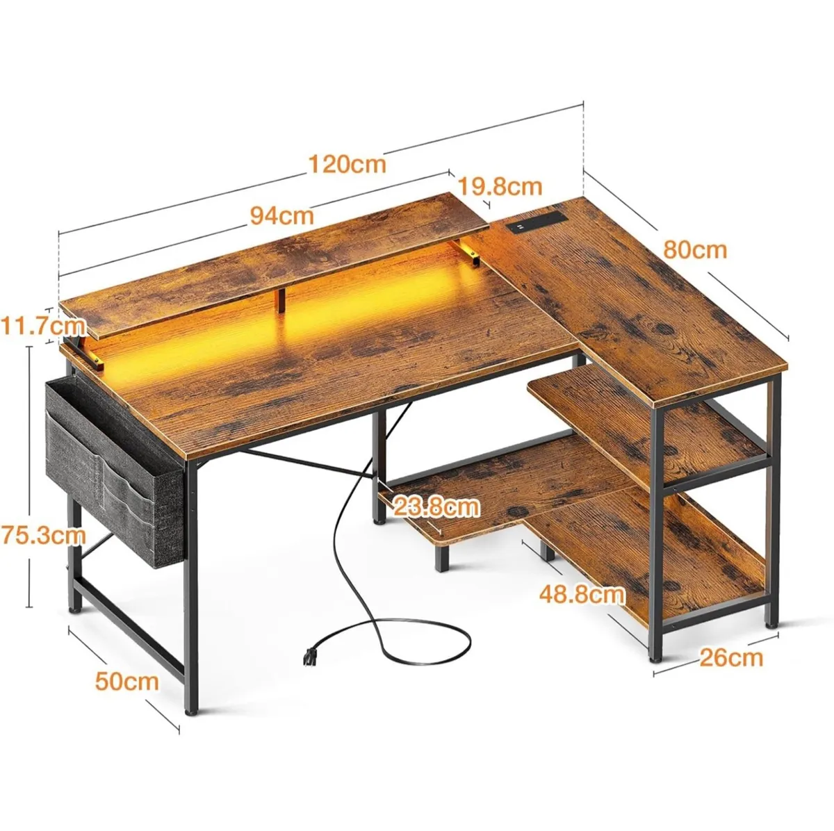 L Shaped Gaming Desk with LED Lights, 120 × 80 cm - Image 3