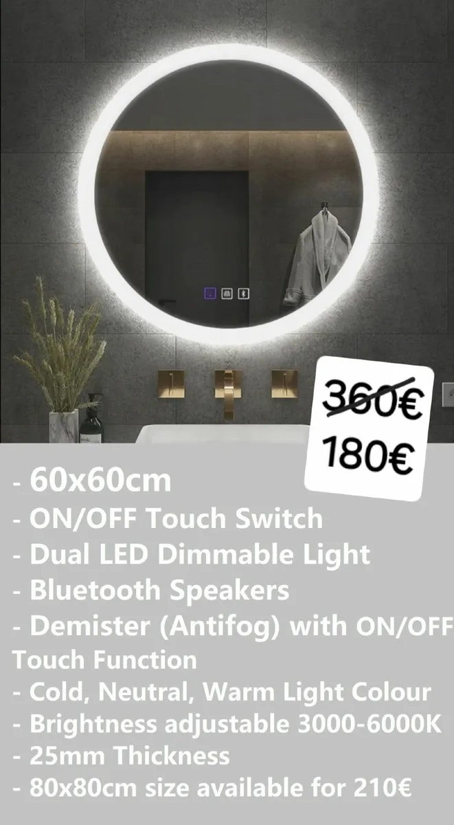 LED Bathroom Mirror Bluetooth Speakers Demister - Image 1
