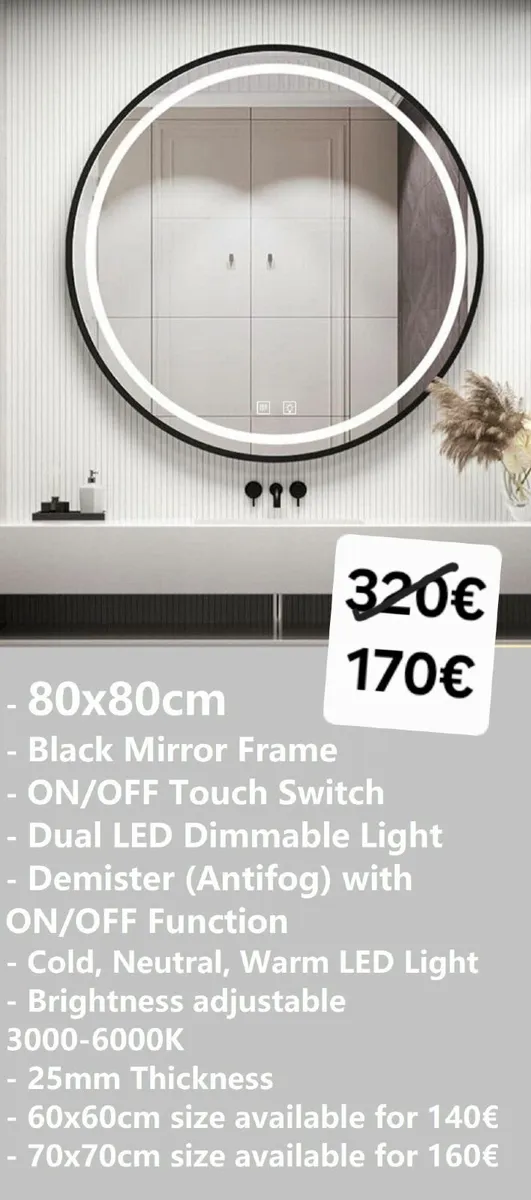 LED Bathroom Mirror Roud Black Frame Demister - Image 1