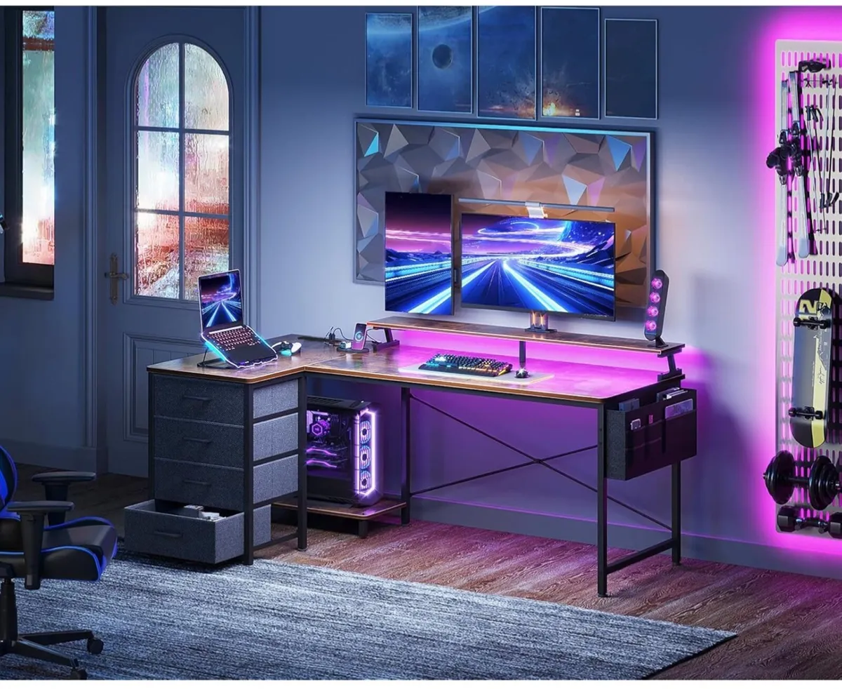 L Shaped Gaming Desk with LED Lights & Power Outle - Image 2