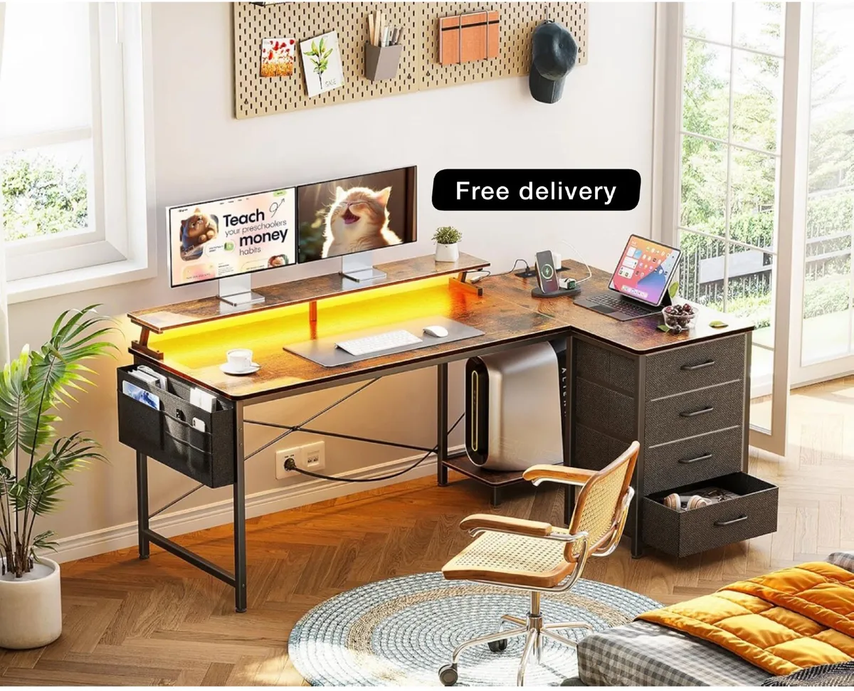 L Shaped Gaming Desk with LED Lights & Power Outle - Image 1