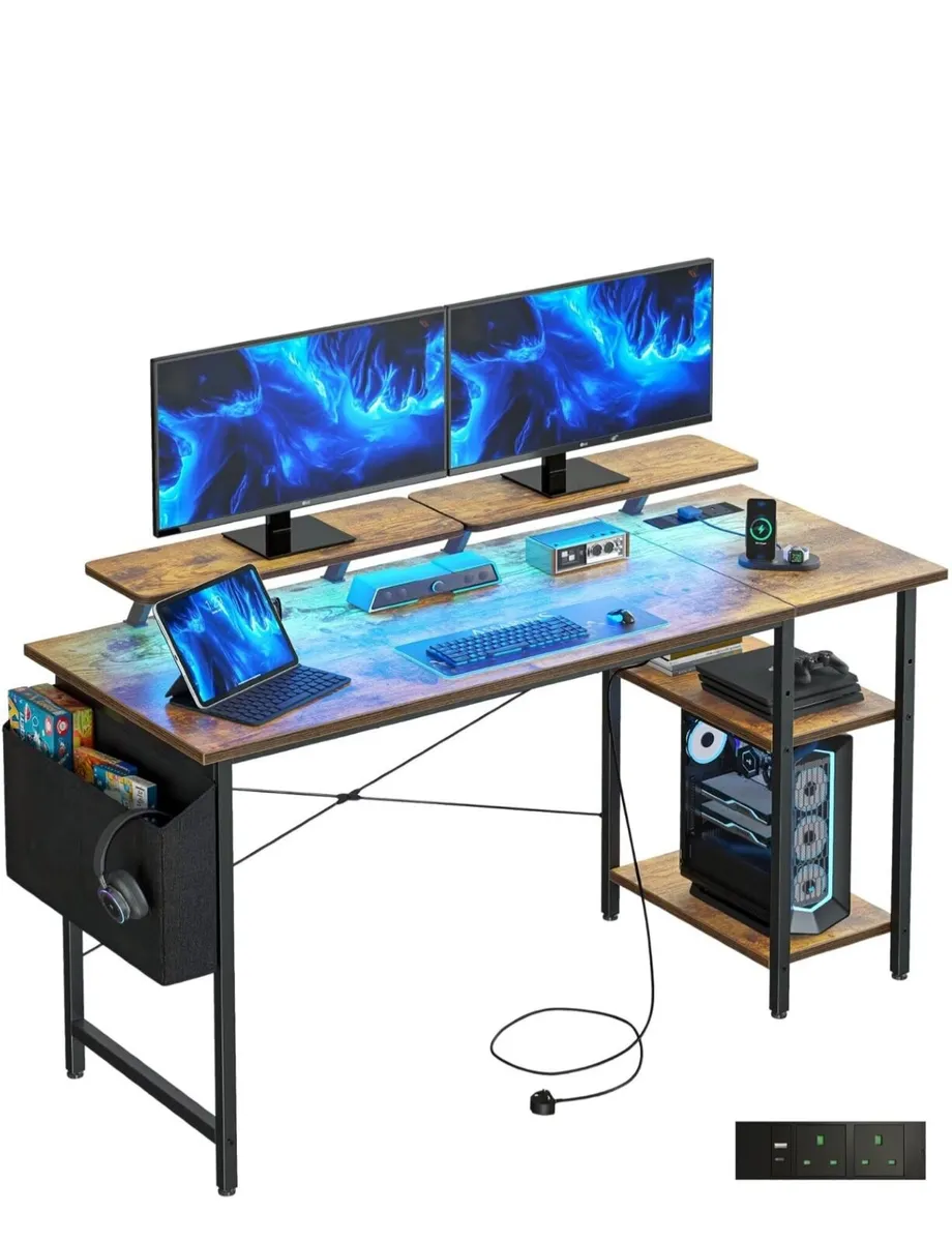 L Shaped Gaming Desk with LED Lights & Power Outl - Image 3