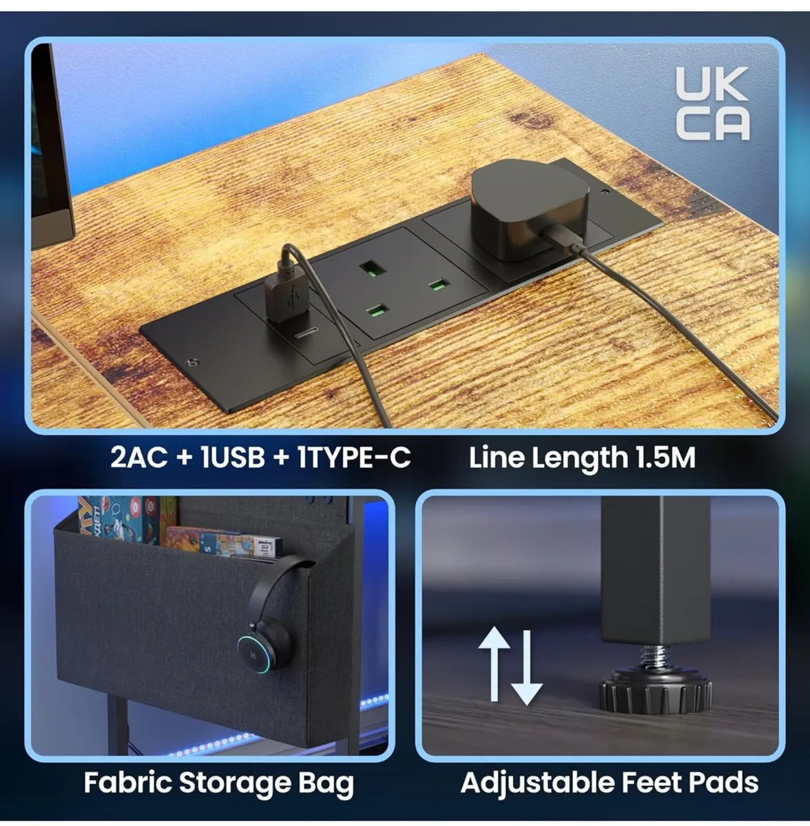 L Shaped Gaming Desk with LED Lights & Power Outl - Image 4