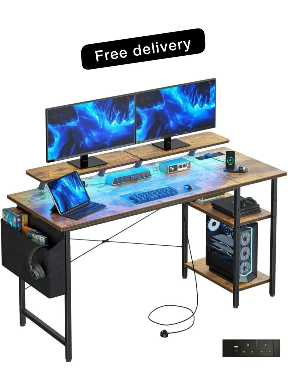 L Shaped Gaming Desk with LED Lights & Power Outl - Image 1