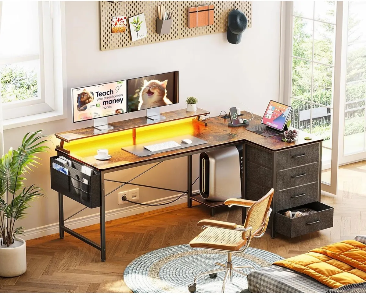 L Shaped Gaming Desk with LED Lights & Power Outle - Image 1