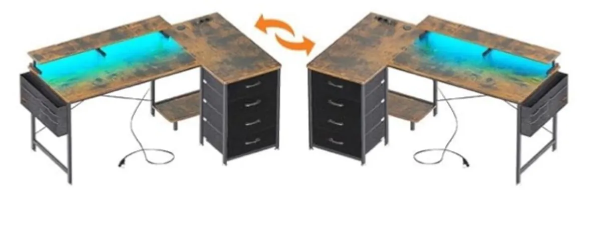 L Shaped Gaming Desk with LED Lights & Power Outle - Image 3